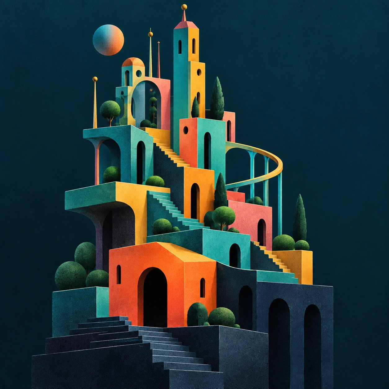 Sculptural towers, arches and stairs in teal, ochre and coral